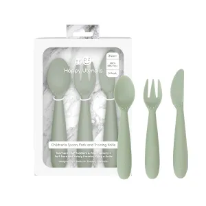 ezpz Happy Utensils - 24 Months  (Sage) - BPA Free Toddler Utensils - Fork, Spoon and Knife for Toddlers and Preschoolers - Kids Utensils for Self-Feeding Development