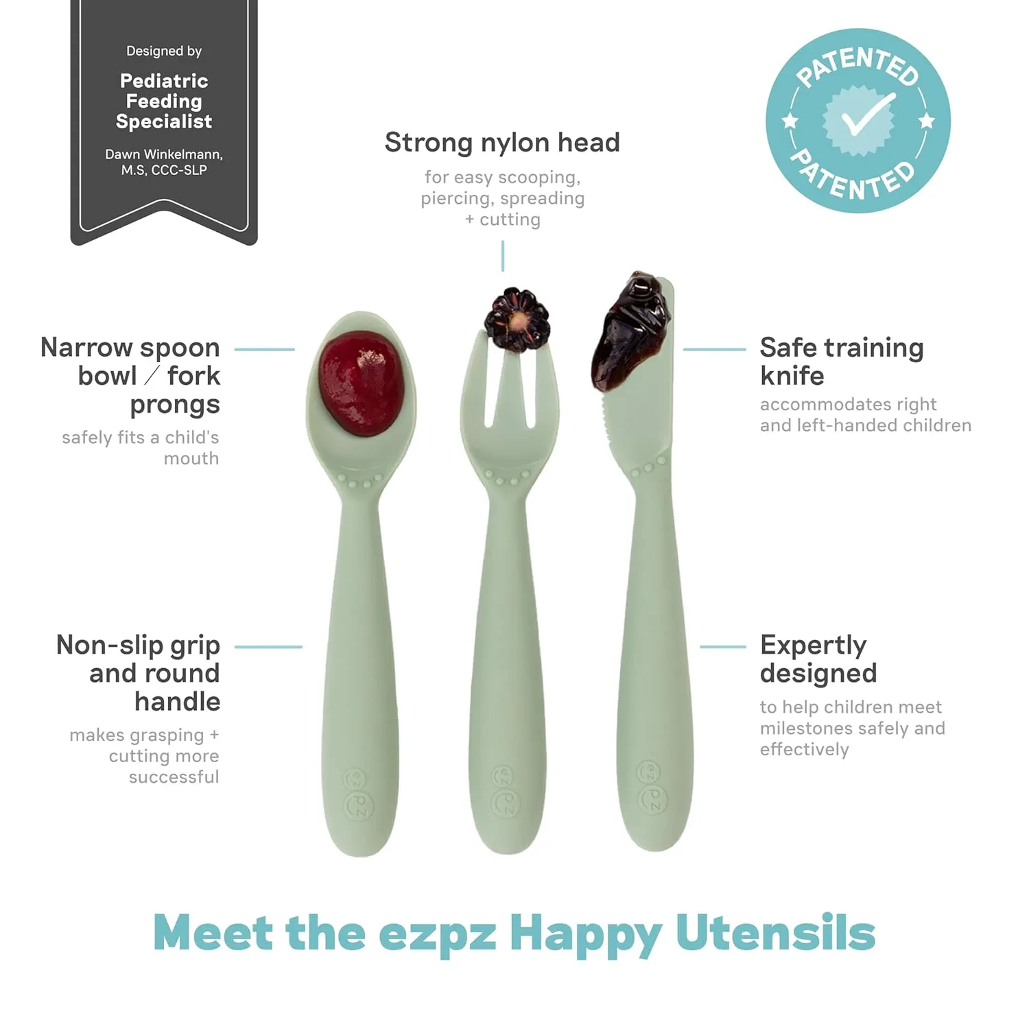 ezpz Happy Utensils - 24 Months  (Sage) - BPA Free Toddler Utensils - Fork, Spoon and Knife for Toddlers and Preschoolers - Kids Utensils for Self-Feeding Development