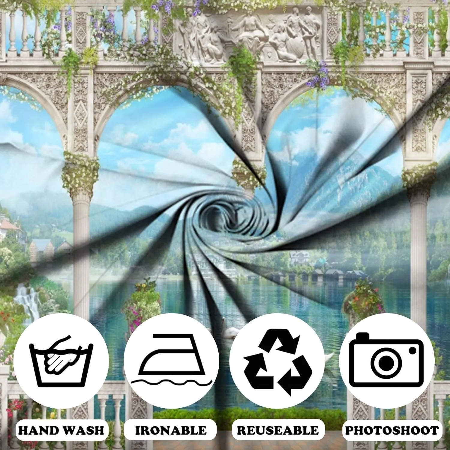 Fabric 10x8ft Spring Garden Terrace Backdrop Mountain Waterfall Natural Swan Lake View Photography Background Green Leaves Flower Arch Pillar Romantic Balcony Scenery Wallpaper Photo Banner Props