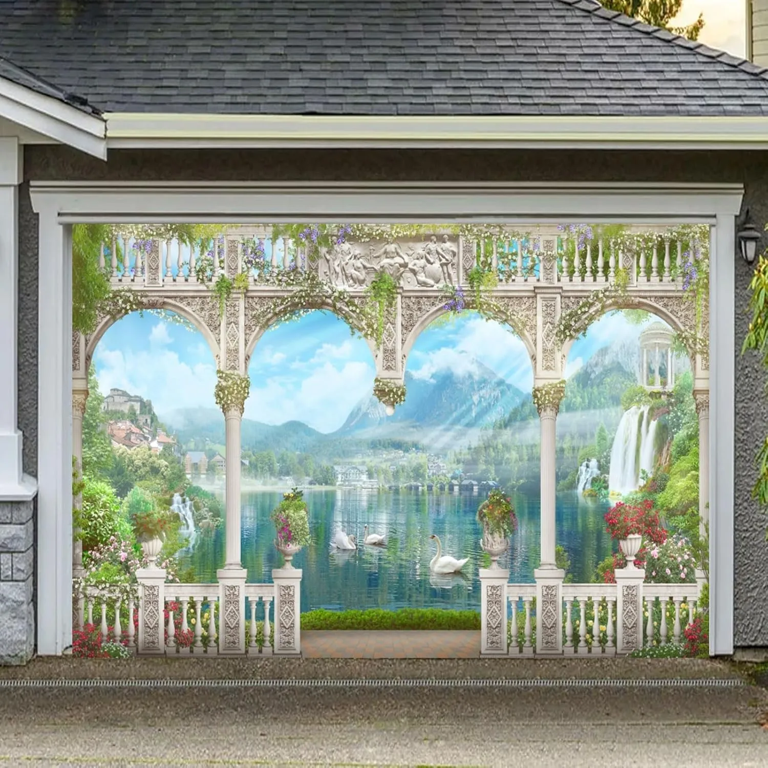 Fabric 10x8ft Spring Garden Terrace Backdrop Mountain Waterfall Natural Swan Lake View Photography Background Green Leaves Flower Arch Pillar Romantic Balcony Scenery Wallpaper Photo Banner Props