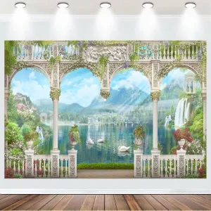 Fabric 10x8ft Spring Garden Terrace Backdrop Mountain Waterfall Natural Swan Lake View Photography Background Green Leaves Flower Arch Pillar Romantic Balcony Scenery Wallpaper Photo Banner Props