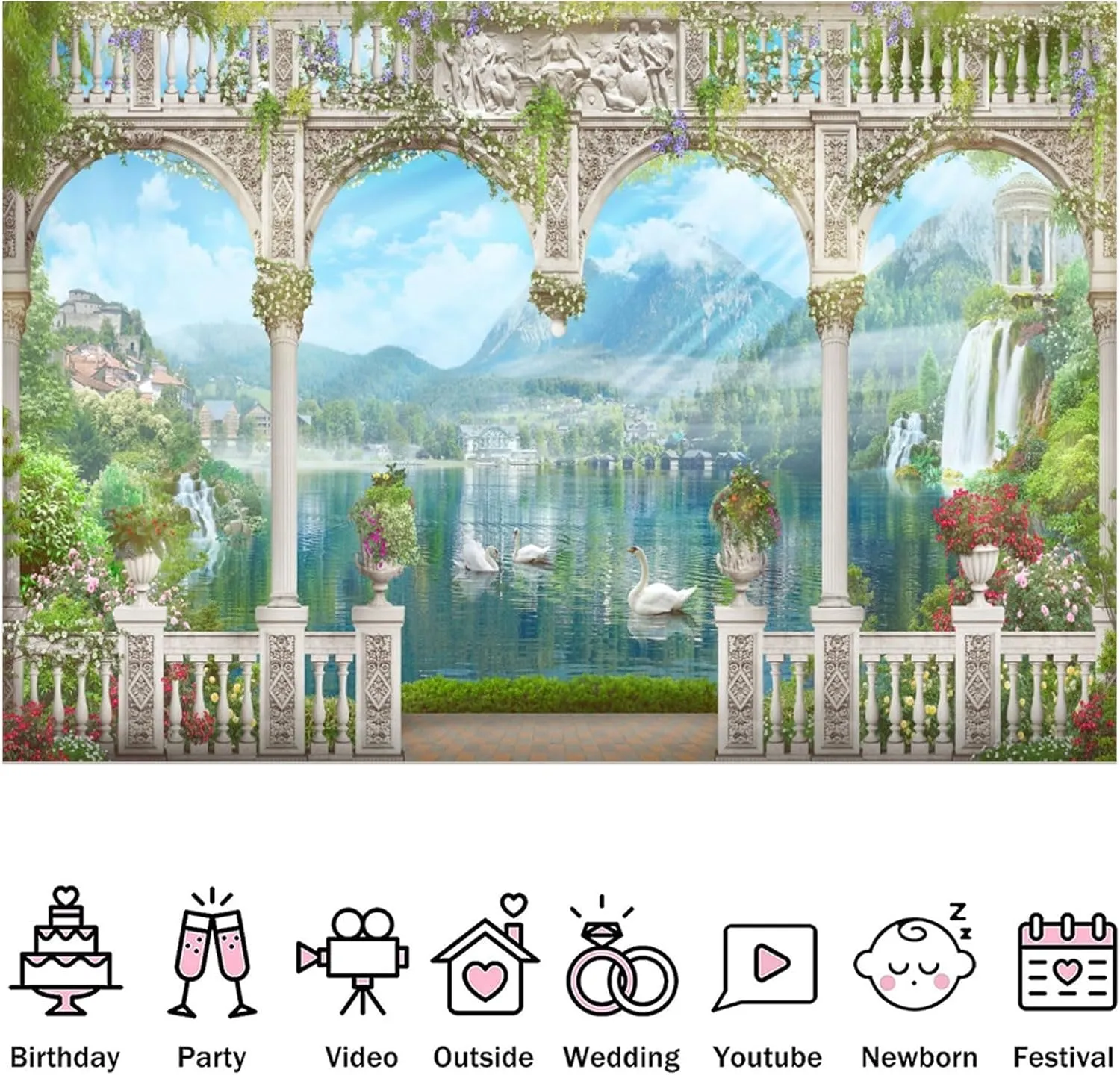 Fabric 10x8ft Spring Garden Terrace Backdrop Mountain Waterfall Natural Swan Lake View Photography Background Green Leaves Flower Arch Pillar Romantic Balcony Scenery Wallpaper Photo Banner Props