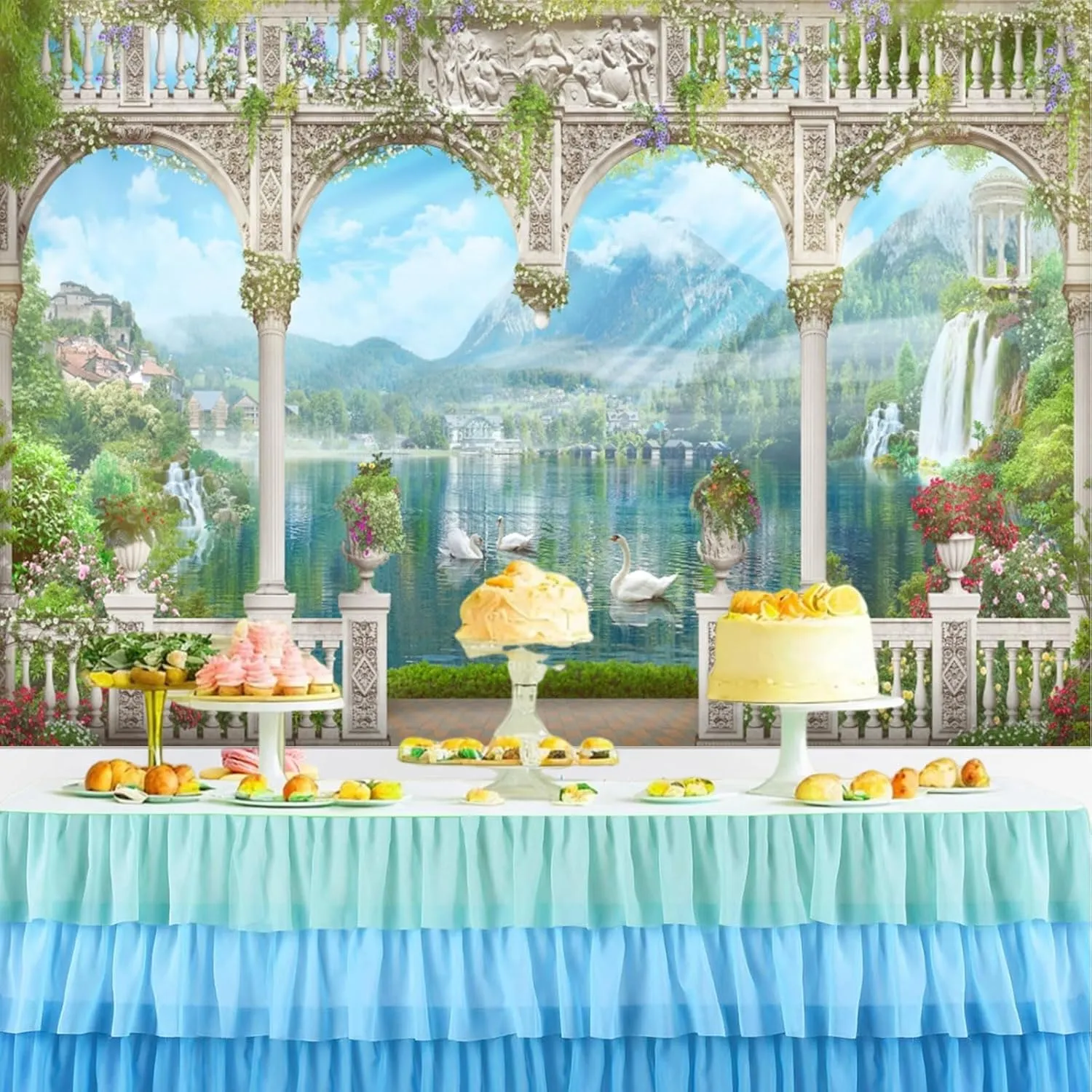 Fabric 10x8ft Spring Garden Terrace Backdrop Mountain Waterfall Natural Swan Lake View Photography Background Green Leaves Flower Arch Pillar Romantic Balcony Scenery Wallpaper Photo Banner Props