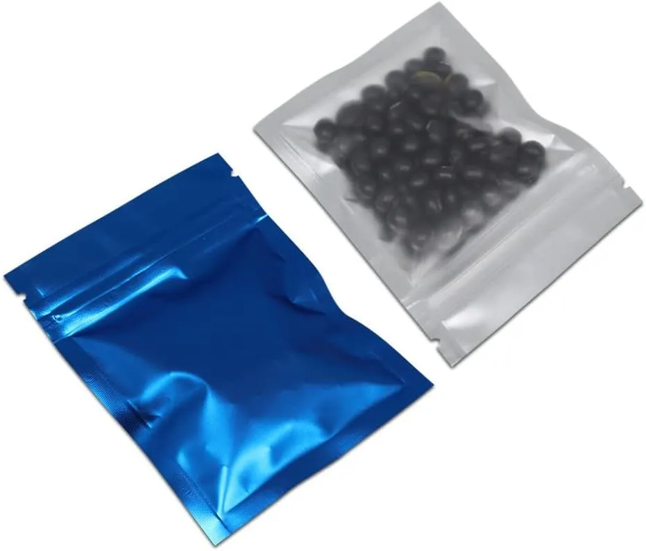 FERENLI 100 Pcs Mylar Zipper Lock Food Storage Bag Matte Aluminum Foil Airtight Bag with Front Window Plastic Packaging Pouch for Zip Flat Heat Seal Lock Resealable (8.5x13cm (3.3x5.1 inch), Blue)