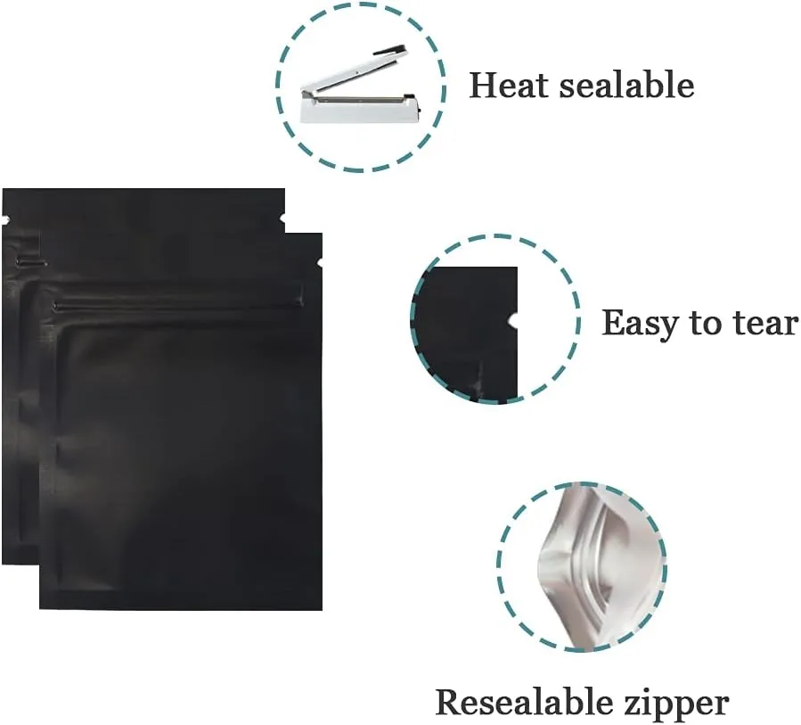 FERENLI 100PCS Glossy Mylar Zipper Lock Food Storage Bag Aluminum Foil Airtight Bag with Front Window Plastic Packaging Pouch for Zip Flat Heat Seal Lock Resealable (10.2x12.7cm (4x5 inch), Black)