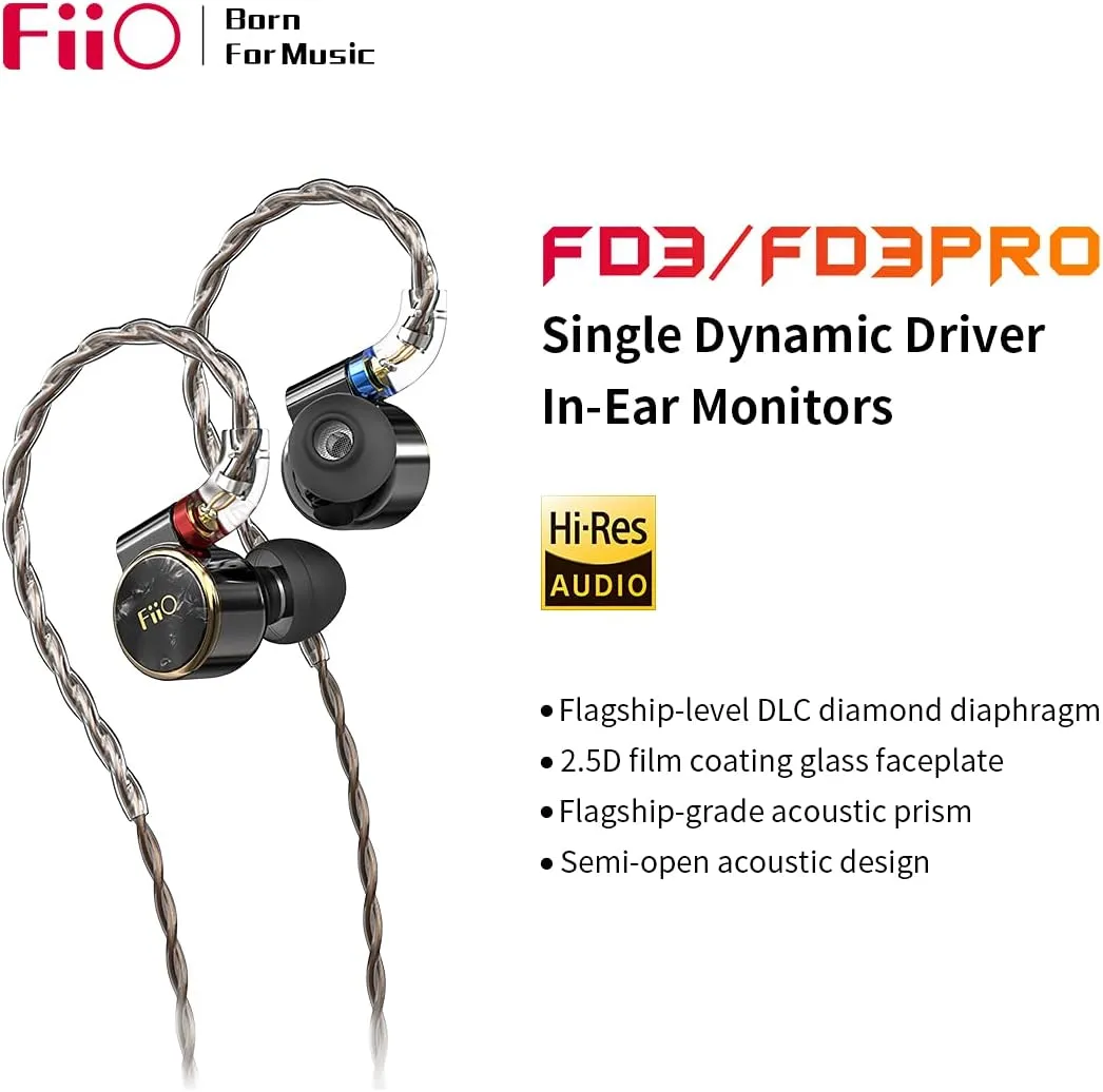 FIIO FD3 PRO Earphones in-Ear Earbuds High Resolution 1DD Deep Bass Detachable MMCX Connector with 2.5/3.5/4.4mm Plugs DLC Black