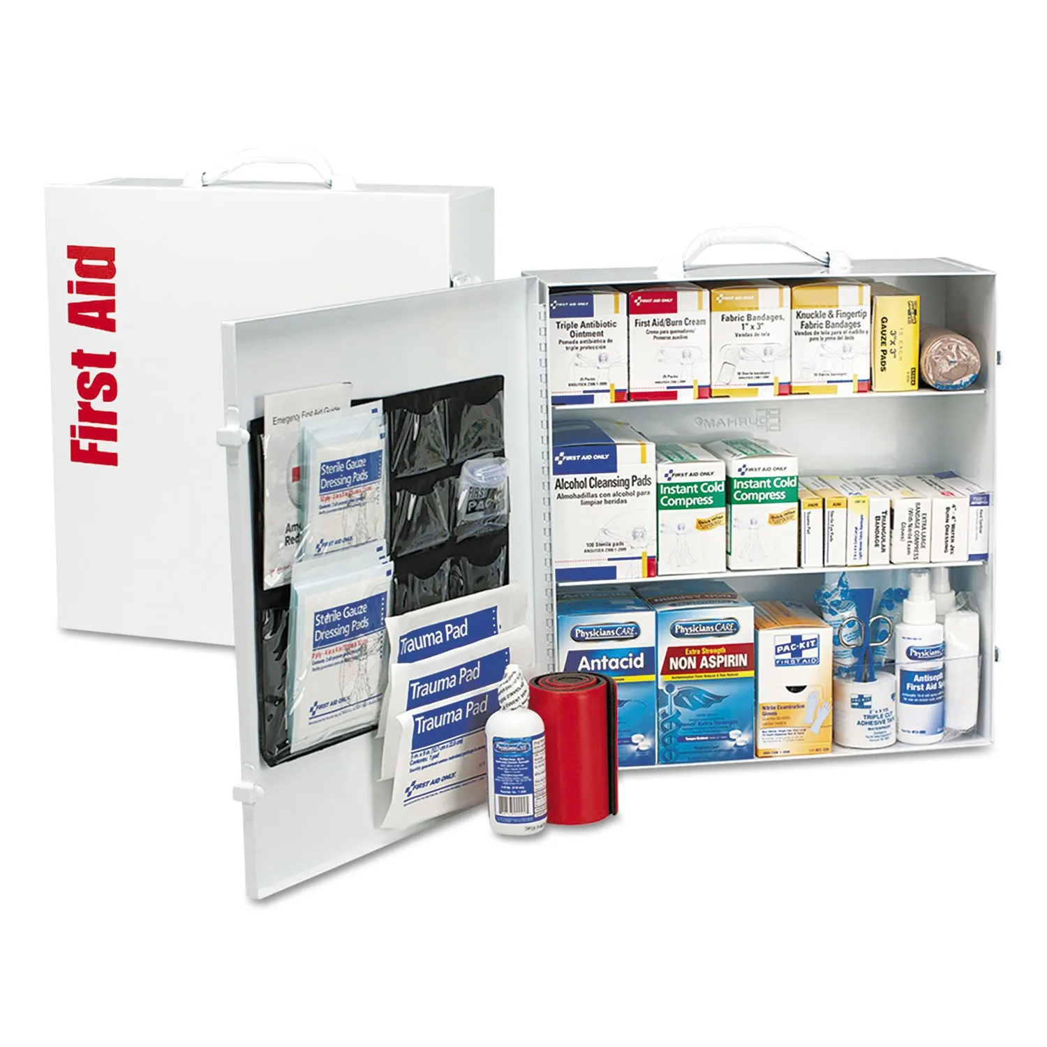 First Aid Only 90575 3-Shelf ANSI B  and OSHA-Compliant First Aid Kit, 100-150-Person Emergency First Aid Kit for Business and Worksite, First Aid Metal Cabinet with Medications, 675 Pieces