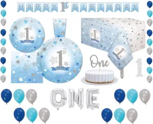 First Birthday Baby Boy Party pack for 30 Guesy Tableware Kit Plates Cups Napkins Table Cover Balloons Banner Ideal for 1st Birthday theme baby decorations for boys One Letter Balloon
