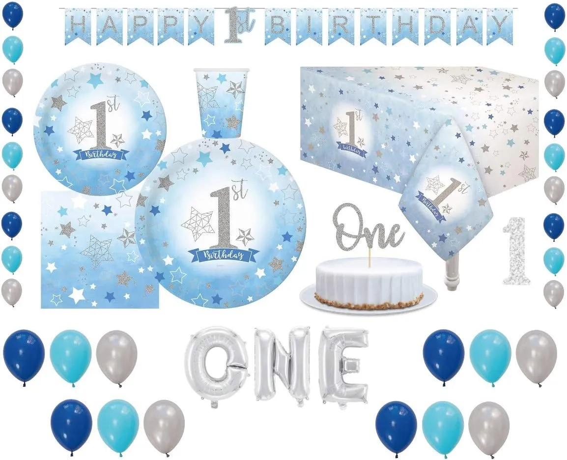 First Birthday Baby Boy Party pack for 30 Guesy Tableware Kit Plates Cups Napkins Table Cover Balloons Banner Ideal for 1st Birthday theme baby decorations for boys One Letter Balloon