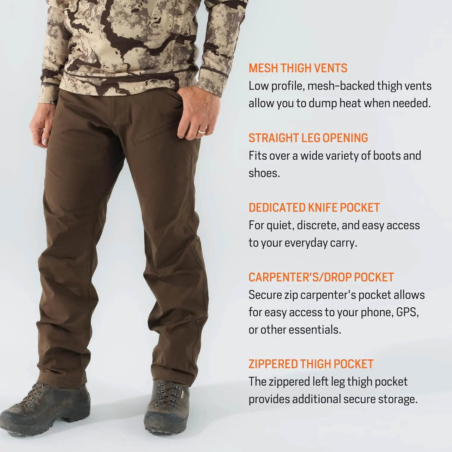 First Lite Men’s 308 Pant - Men’s Outdoor Stretch Camo Hunting Pants with Hip Vents, Year Round Lightweight Hunting Gear