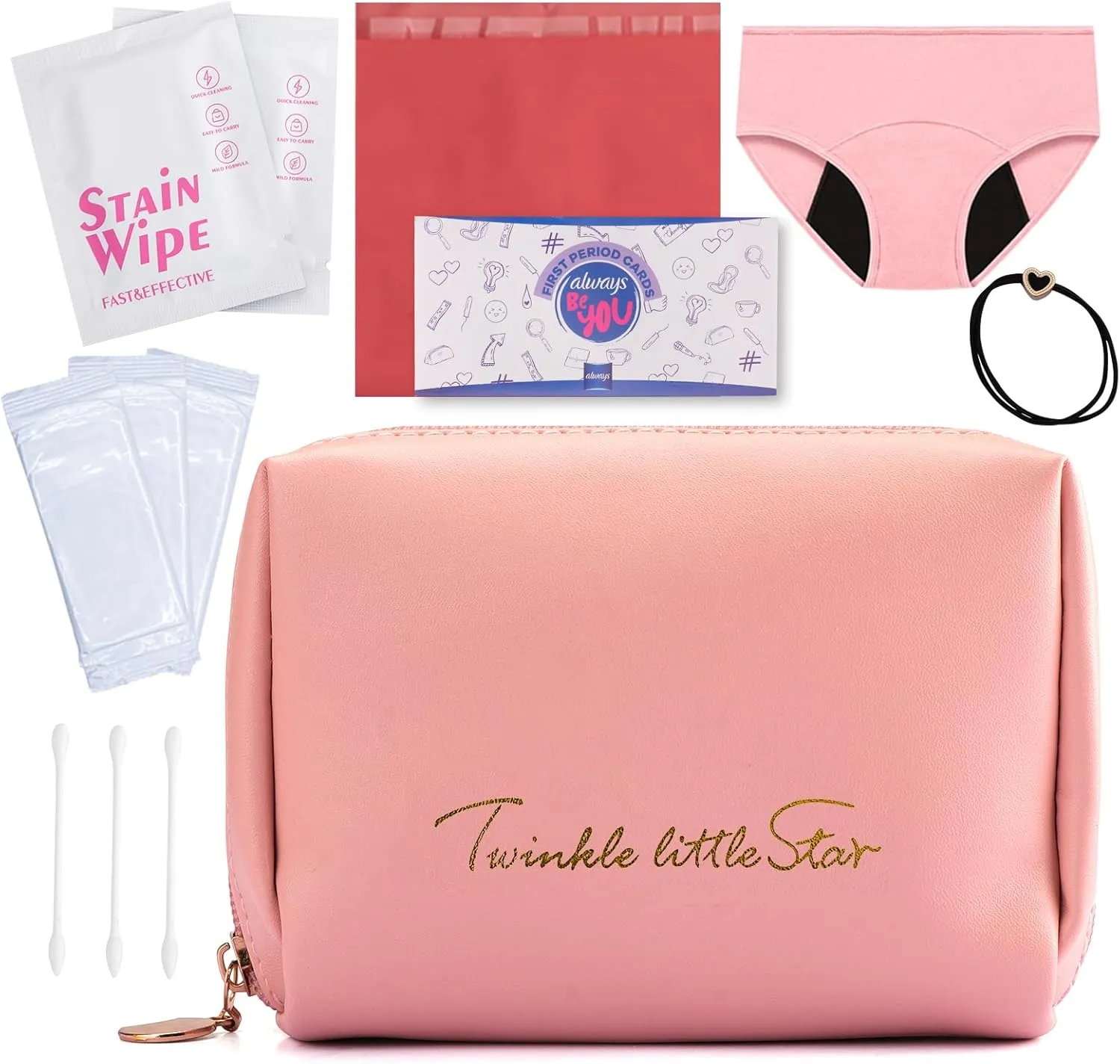 First Period Kit for Girls 9-12,Thoughtful First Period Gift,Tween Period Starter Kit with Spare Underwear, Wipes,Period Knowledge Cards and More. (Rose pink)