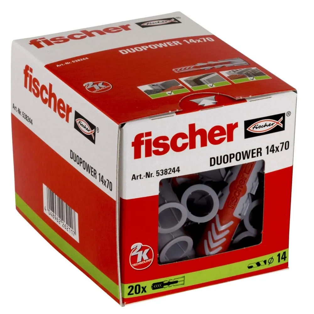 fischer DuoPower 9/16" x 2 3/8" (14x60mm) 20 Plugs (Without Screws)Metric Version Powerful Universal Plug with Intelligent 2-Component Technology for Fastenings in Concrete, Bricks, Drywall, Chipboard
