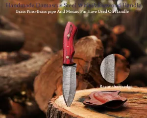 Fixed Blade Damascus Steel Hunting Knife, 9'' Full Tang, Non-Slip Wooden Handle, Leather Sheath Including, Camping & Skinning Knife