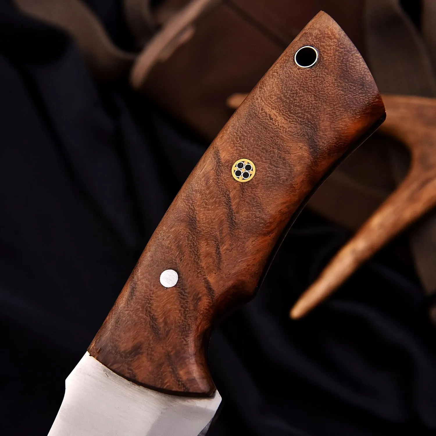 Fixed Blade Hunting Tracker Knife, Stainless Steel Blade Bushcraft Knife, Scout Carry Knives with Leather Sheath, Rosewood Handle Strong Grip, For Outdoors Hunting, Survival, Camping, Hiking Knives