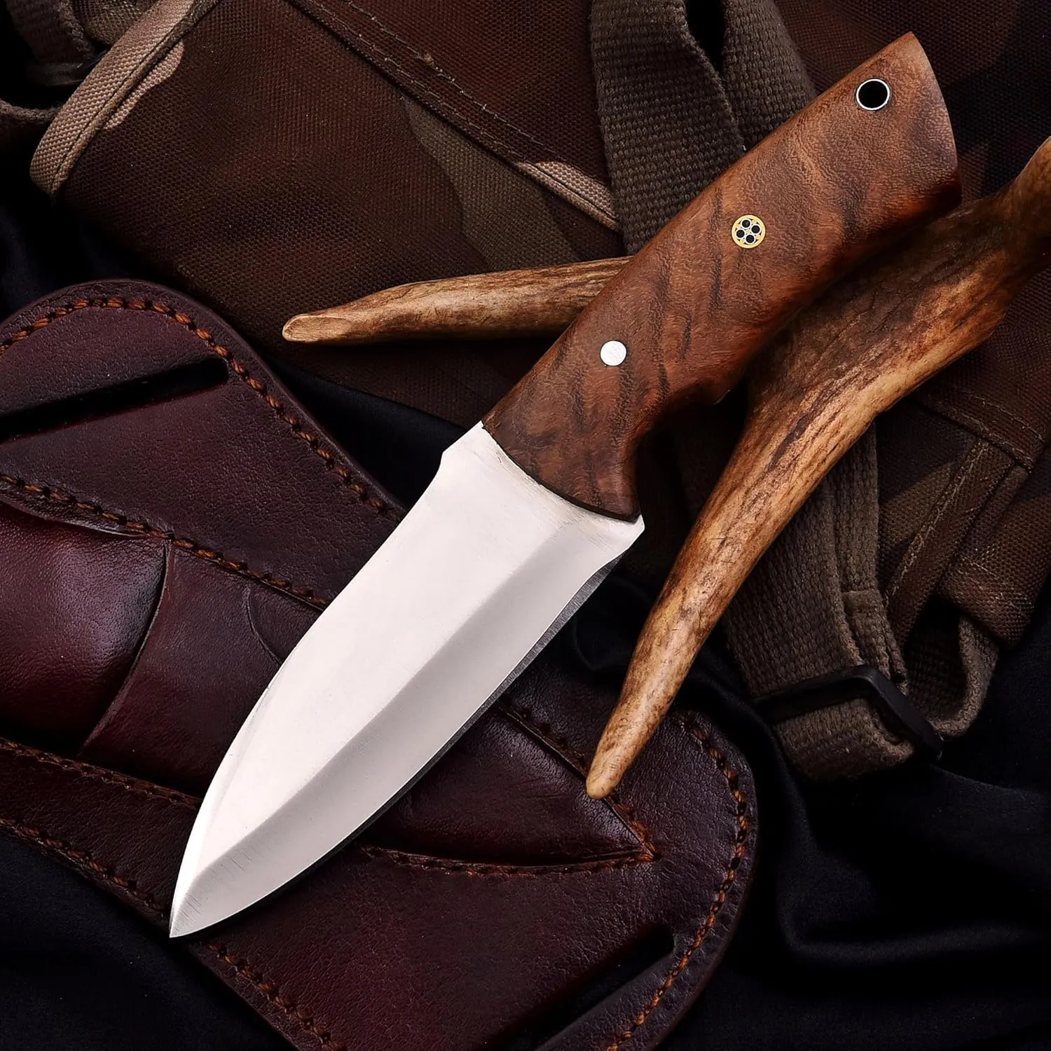 Fixed Blade Hunting Tracker Knife, Stainless Steel Blade Bushcraft Knife, Scout Carry Knives with Leather Sheath, Rosewood Handle Strong Grip, For Outdoors Hunting, Survival, Camping, Hiking Knives