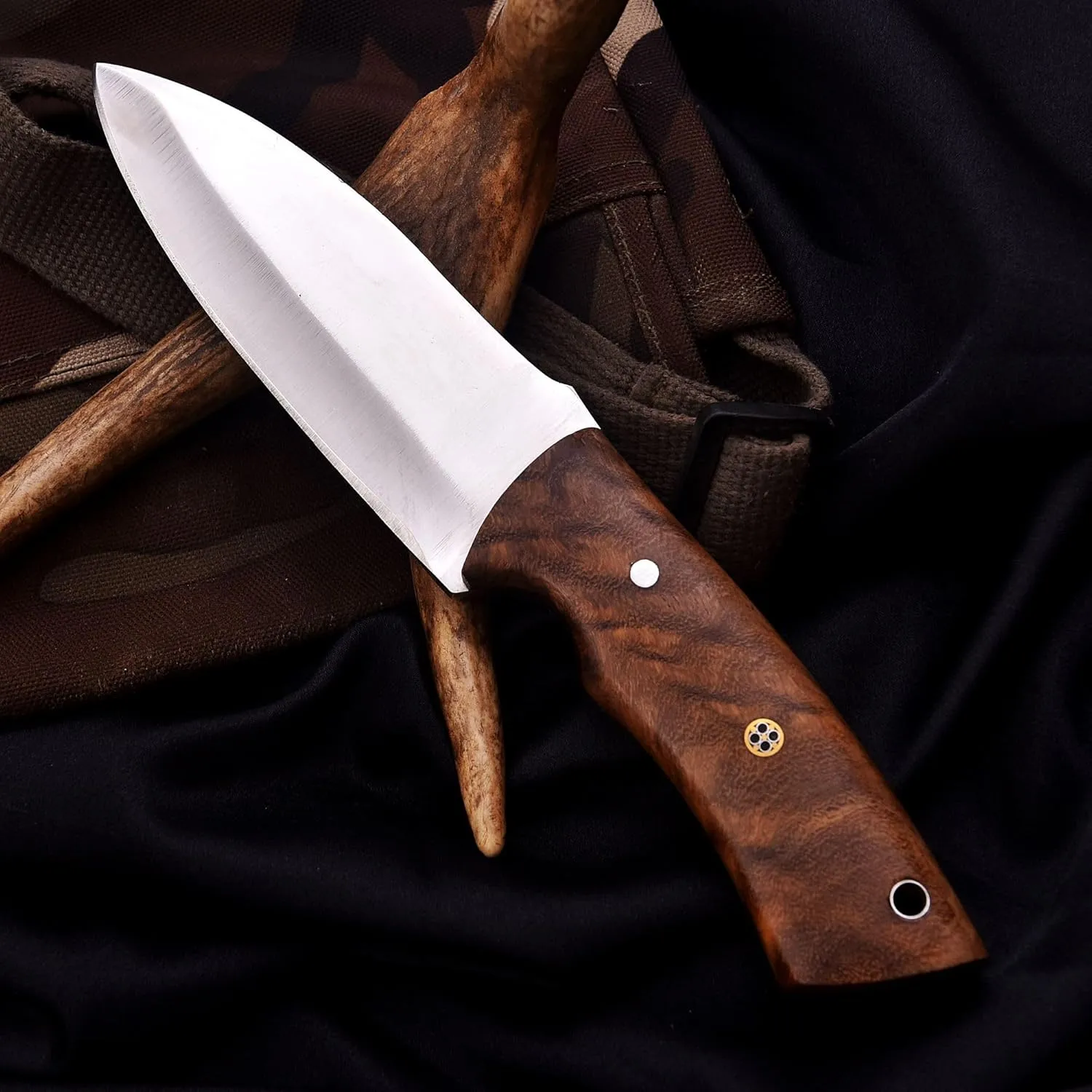 Fixed Blade Hunting Tracker Knife, Stainless Steel Blade Bushcraft Knife, Scout Carry Knives with Leather Sheath, Rosewood Handle Strong Grip, For Outdoors Hunting, Survival, Camping, Hiking Knives