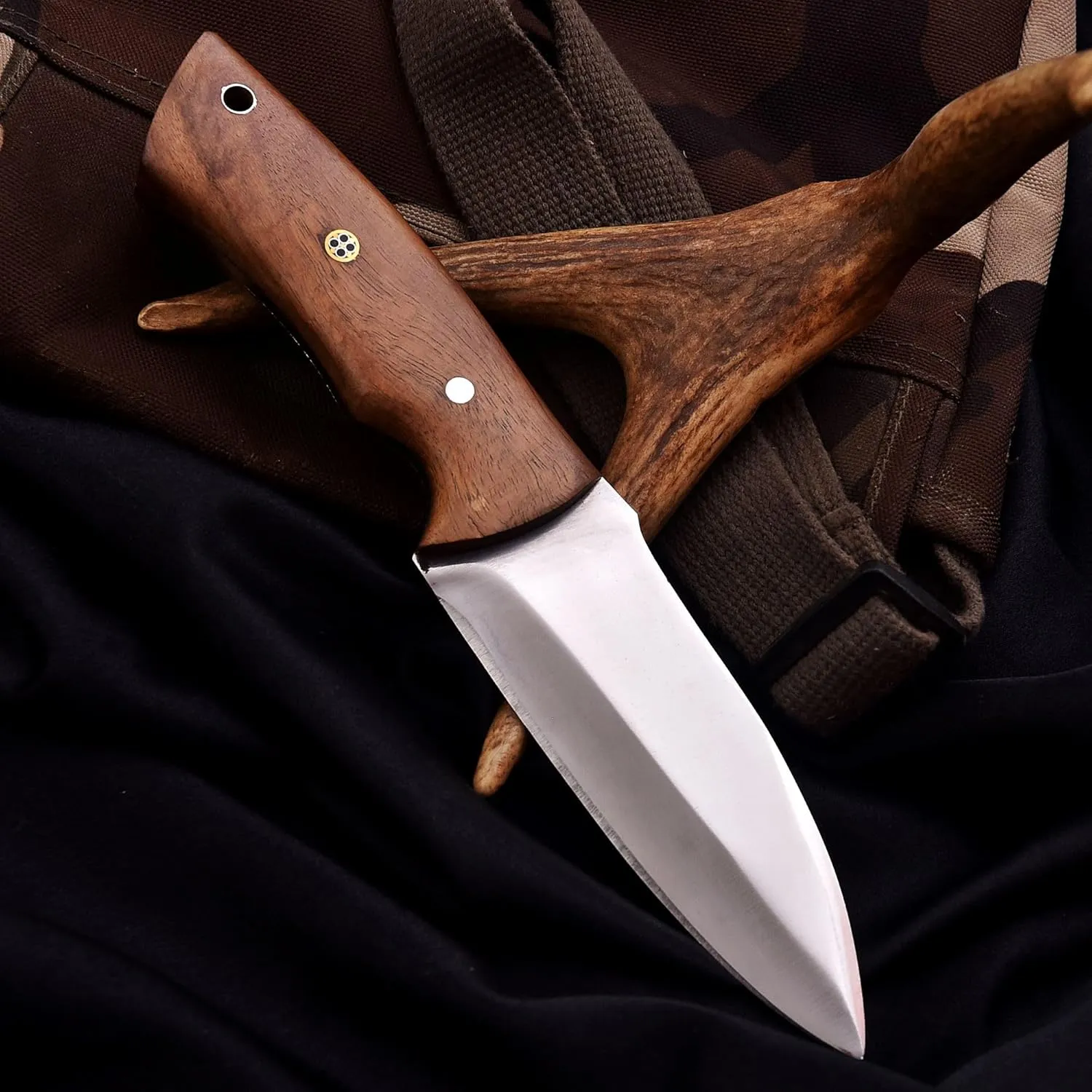 Fixed Blade Hunting Tracker Knife, Stainless Steel Blade Bushcraft Knife, Scout Carry Knives with Leather Sheath, Rosewood Handle Strong Grip, For Outdoors Hunting, Survival, Camping, Hiking Knives