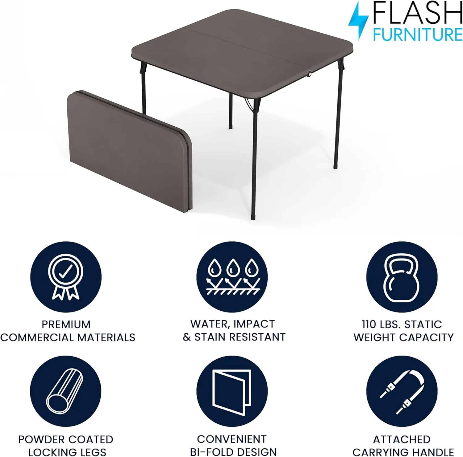 Flash Furniture Dunham 2.83' Square Plastic Folding Event Table with Carrying Handle, Bi-Fold Banquet Table for Indoor/Outdoor Events, Dark Gray