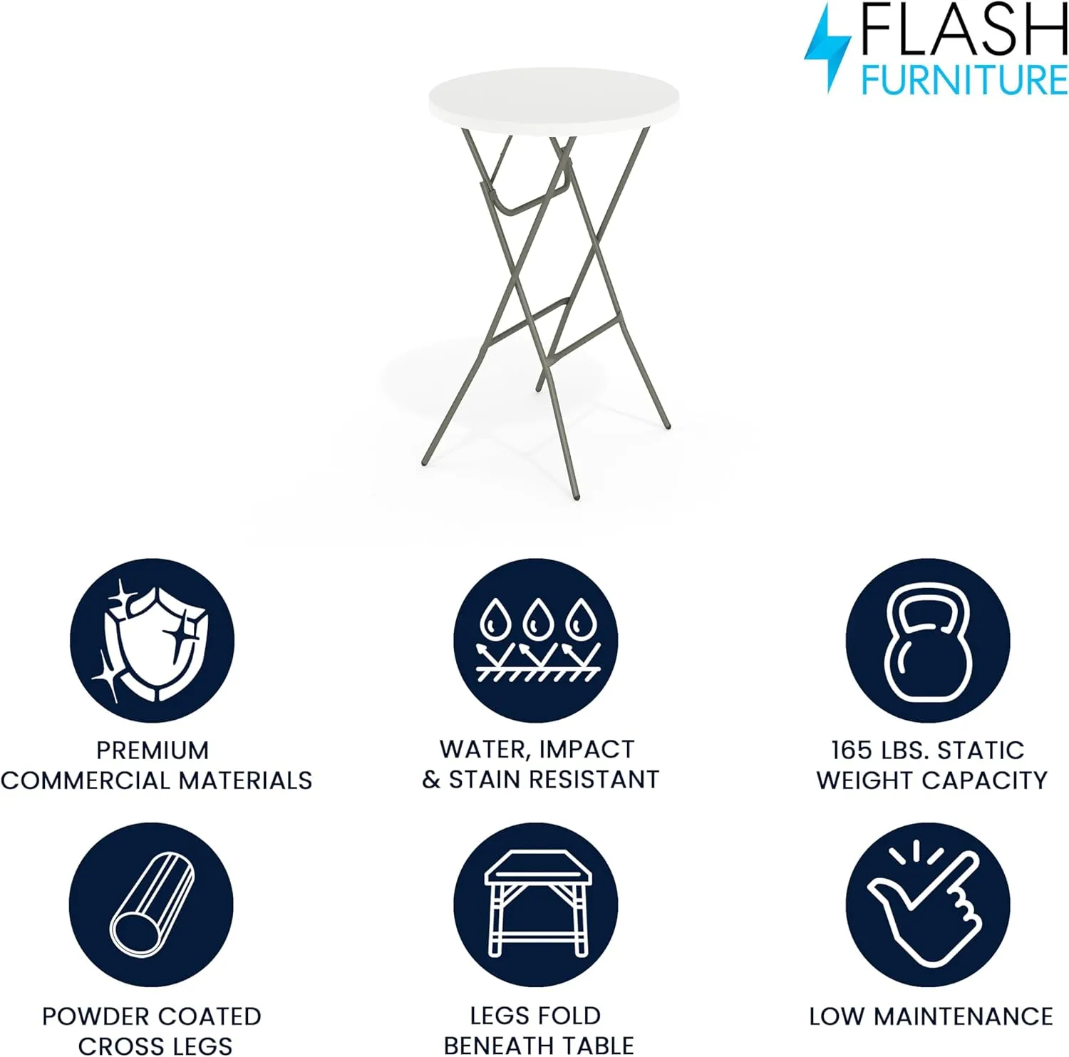 Flash Furniture Elon 2.6' Round Folding Bar Height Table for Parties and Commercial Events, Indoor/Outdoor Plastic Bar Height Folding Table, White