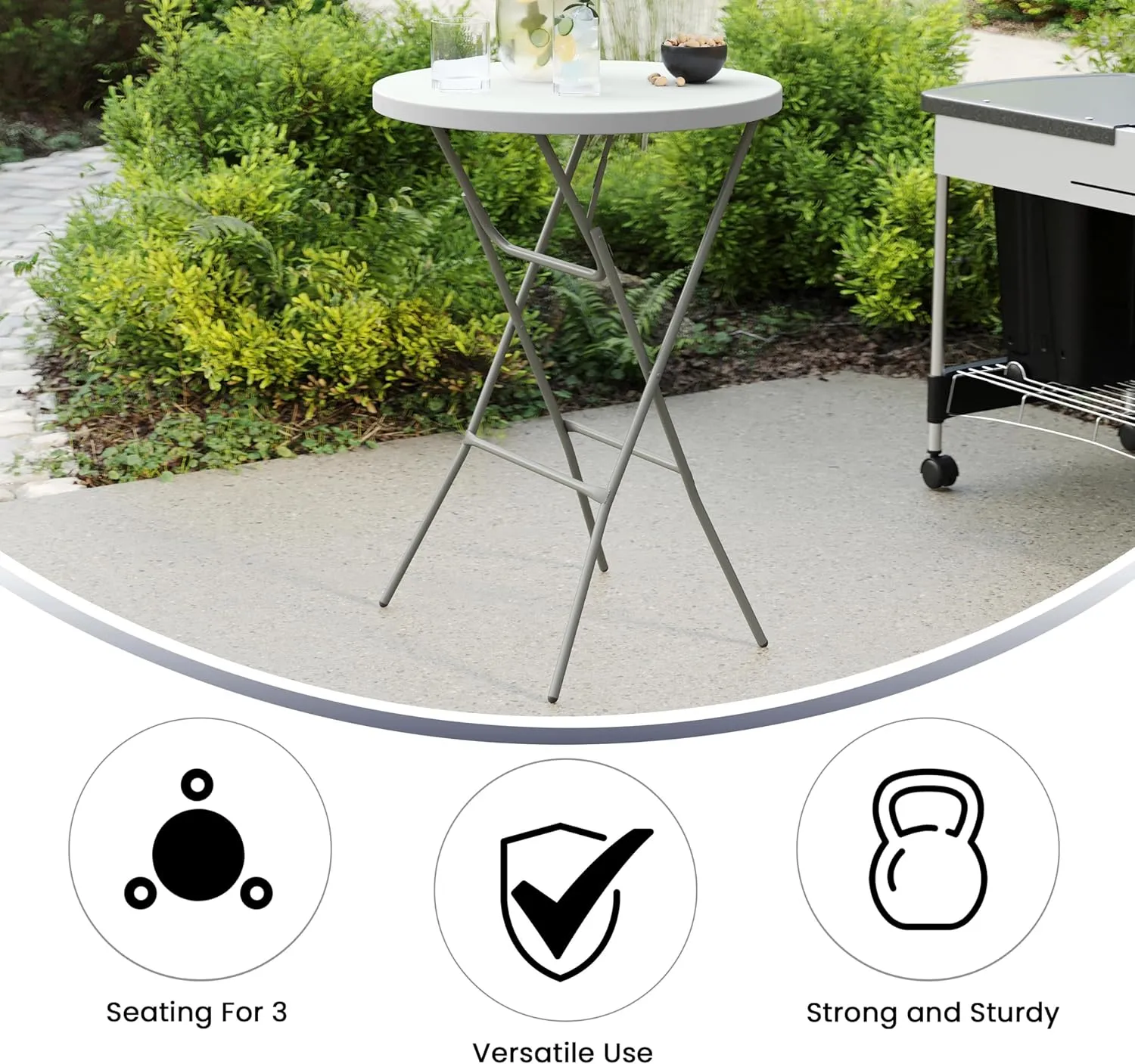 Flash Furniture Elon 2.6' Round Folding Bar Height Table for Parties and Commercial Events, Indoor/Outdoor Plastic Bar Height Folding Table, White