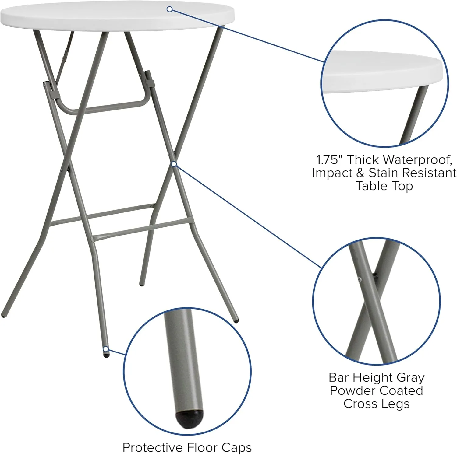 Flash Furniture Elon 2.6' Round Folding Bar Height Table for Parties and Commercial Events, Indoor/Outdoor Plastic Bar Height Folding Table, White