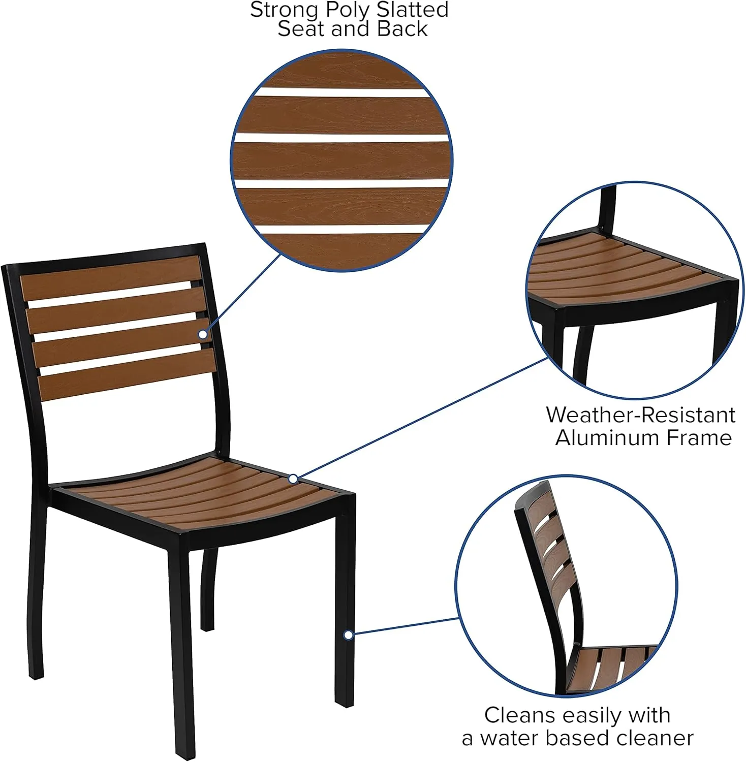 Flash Furniture Lark Outdoor Stackable Side Chair with Faux Teak Poly Slats, Set of 2