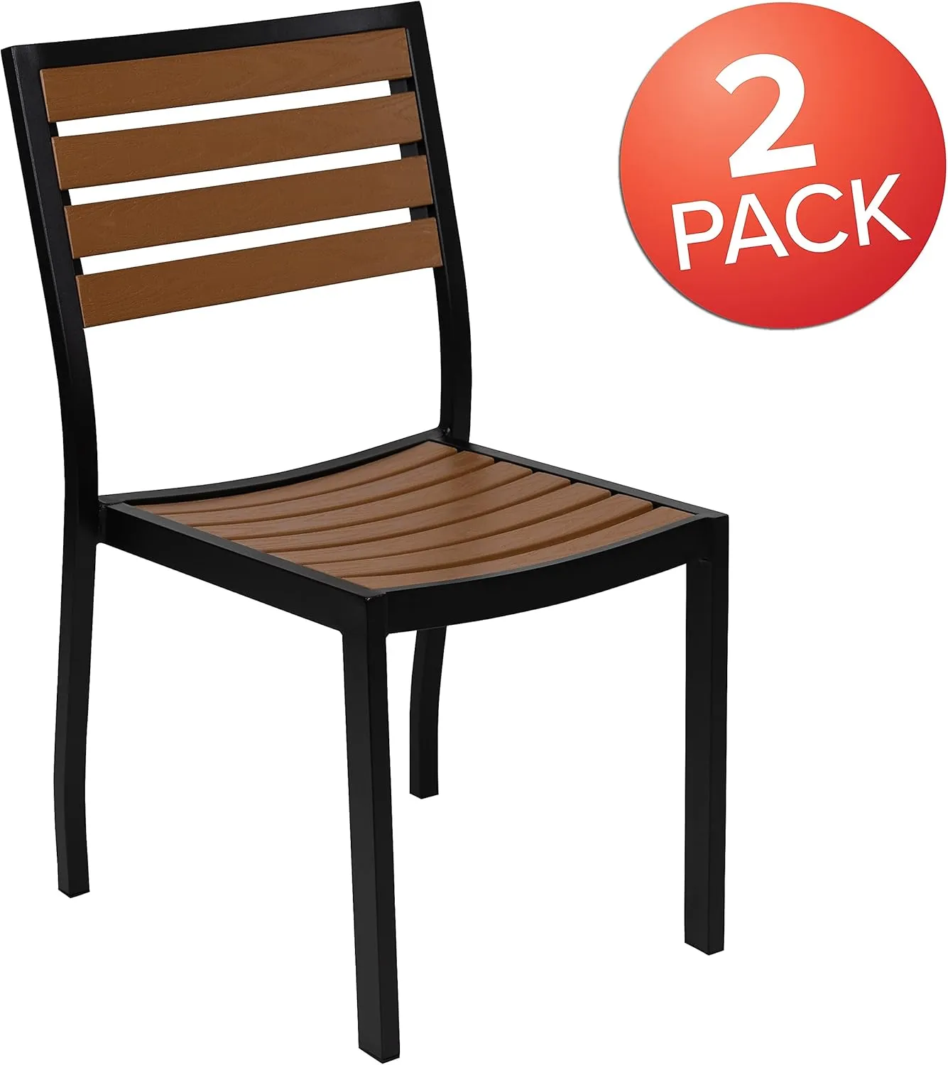 Flash Furniture Lark Outdoor Stackable Side Chair with Faux Teak Poly Slats, Set of 2