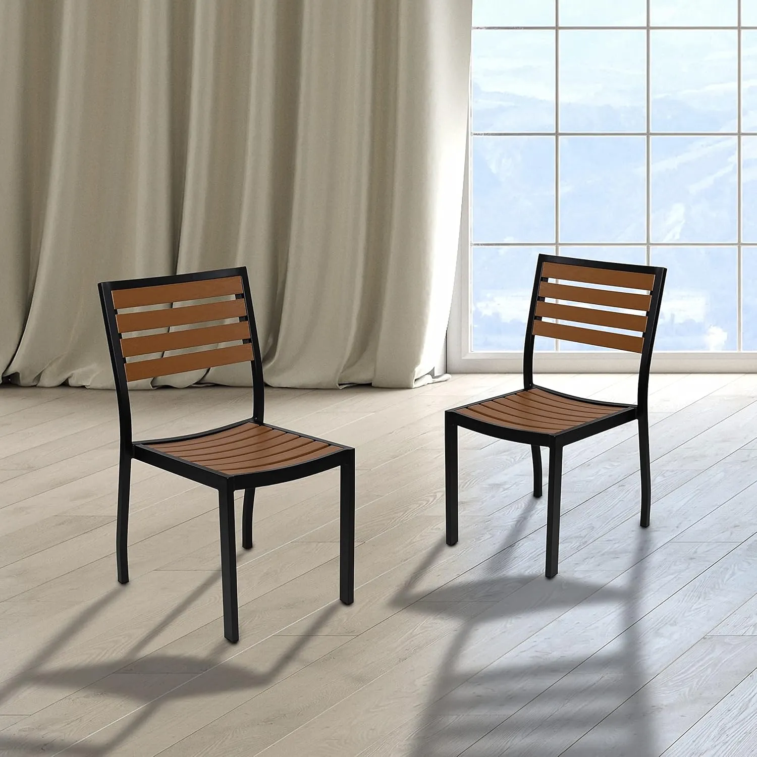 Flash Furniture Lark Outdoor Stackable Side Chair with Faux Teak Poly Slats, Set of 2