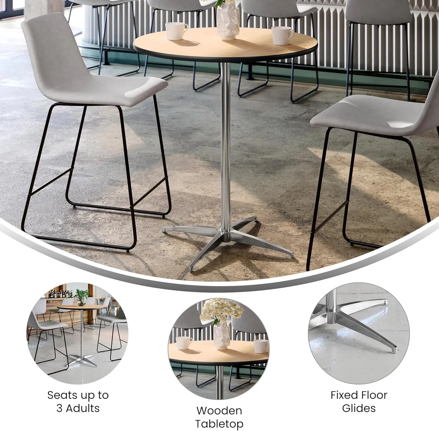 Flash Furniture Lars 30'' Round Wood Cocktail Table with 30'' and 42'' Columns, Adjustable Wood Bar Height Table for Events or Home Use, Natural