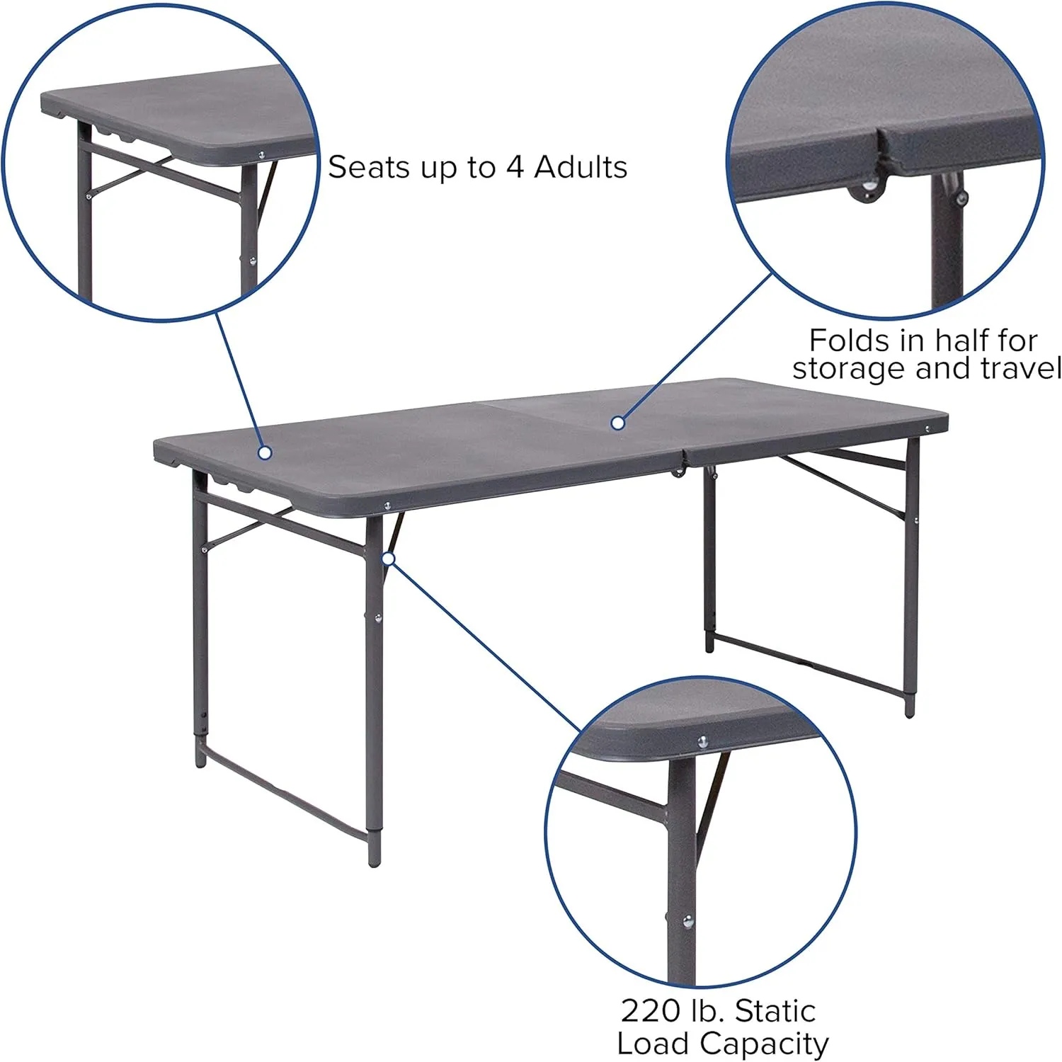Flash Furniture Mills 4-Foot Height Adjustable Bi-Fold Dark Gray Plastic Folding Table with Carrying Handle