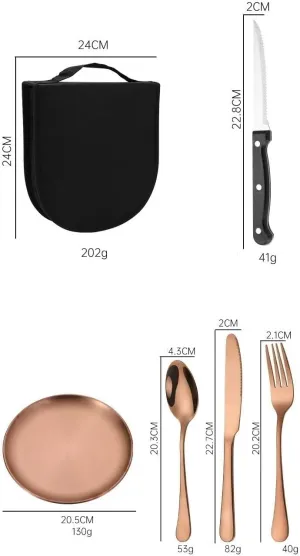 Flatware Silverware Set, 10-piece Stainless Steel Portable Outdoor Meal Bag Lunch Tray Picnic Camping Barbecue Clip Cutlery Set, Tableware Cutlery Set(Gold)