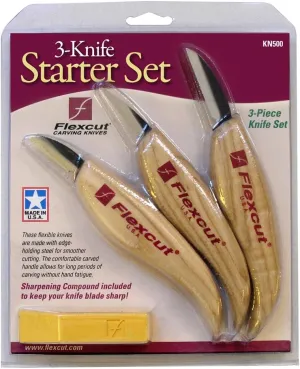 Flexcut Starter 3 Knife Set KN500 | 1095 High Carbon Steel Blades and Ergonomic Ash Wood Handles | Wood Carving Knife Set of 3 | Wood Carving Tools for Beginners and Hobbyists