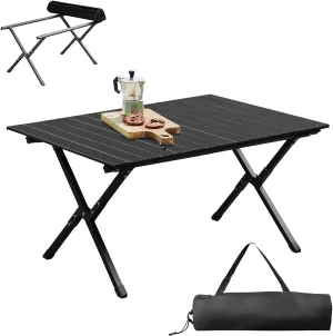 Folding Camping Table, Roll-Up Folding Table with Carry Bag, Portable Aluminum Picnic Table, Low Height Beach Table for Outdoor Use, Travel, BBQ & Hiking, Easy Assembly,34x24 in, Black