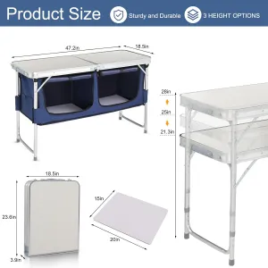 Folding Camping Table with Storage, 3 Height Adjustable, Lightweight, 4 Ft Outdoor Portable Kitchen Aluminum Table for BBQ, Picnic, Hiking, Beach, and Indoor