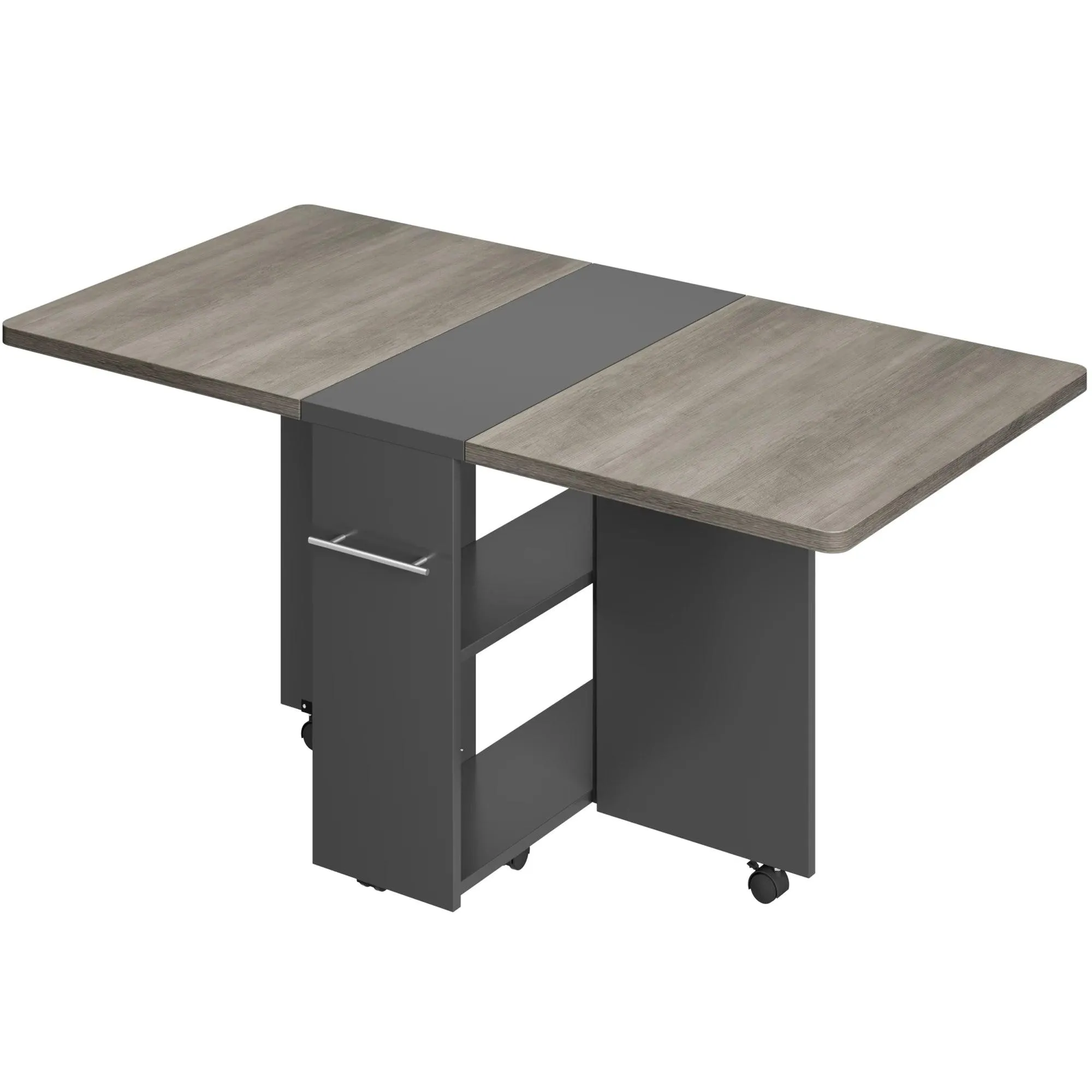 Folding Dining Table | Drop Leaf Design with 6 Wheels & 2-Tier Storage Shelf | Space-Saving Solution