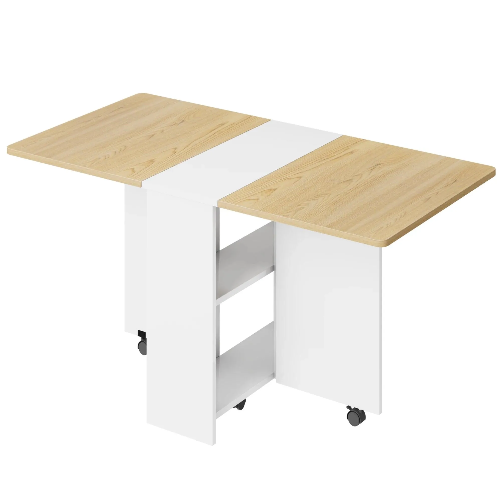 Folding Dining Table | Drop Leaf Design with 6 Wheels & 2-Tier Storage Shelf | Space-Saving Solution