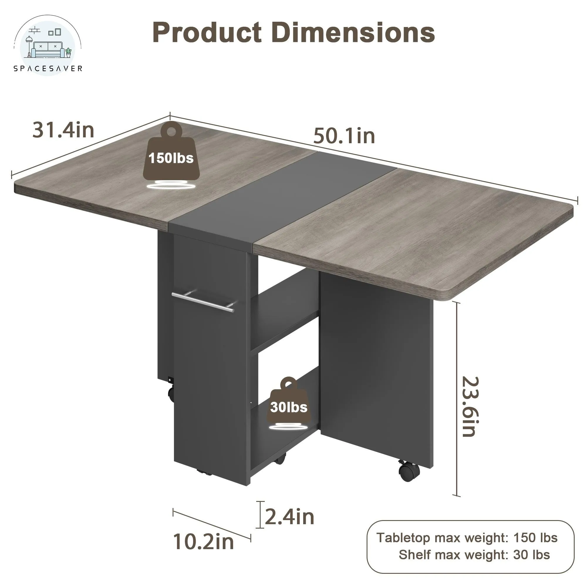 Folding Dining Table | Drop Leaf Design with 6 Wheels & 2-Tier Storage Shelf | Space-Saving Solution