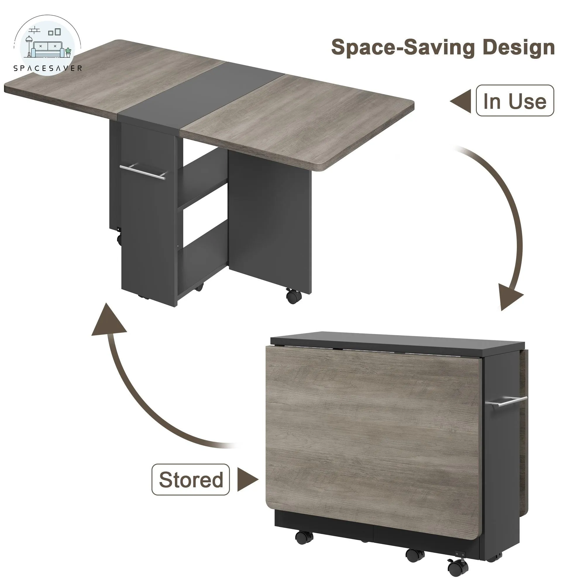 Folding Dining Table | Drop Leaf Design with 6 Wheels & 2-Tier Storage Shelf | Space-Saving Solution