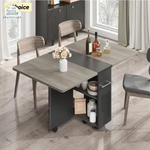 Folding Dining Table | Drop Leaf Design with 6 Wheels & 2-Tier Storage Shelf | Space-Saving Solution