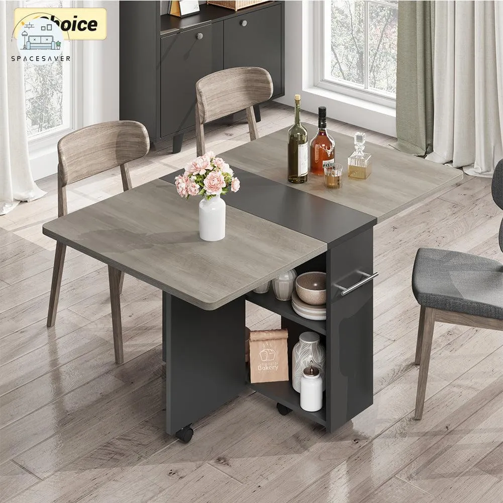 Folding Dining Table | Drop Leaf Design with 6 Wheels & 2-Tier Storage Shelf | Space-Saving Solution