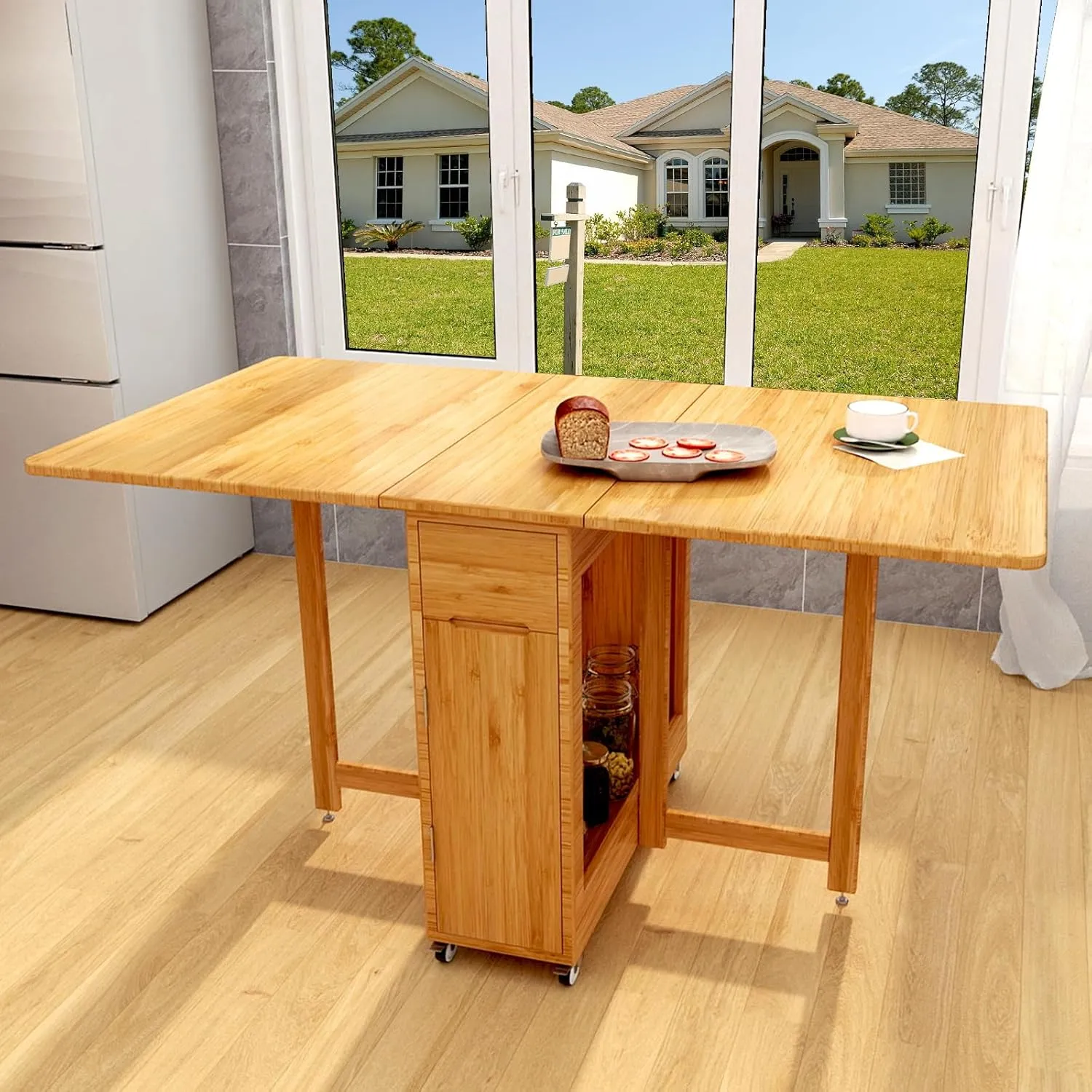 Folding Dining Table for 4-6 Party with 2 Drawers and 4 Wheels Foldable Dining Table Solid Wood Bamboo No Assembly Required Drop Leaf Table - Collapsible for Small Spaces Kitchen