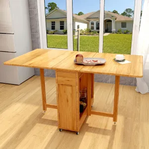 Folding Dining Table for 4-6 Party with 2 Drawers and 4 Wheels Foldable Dining Table Solid Wood Bamboo No Assembly Required Drop Leaf Table - Collapsible for Small Spaces Kitchen