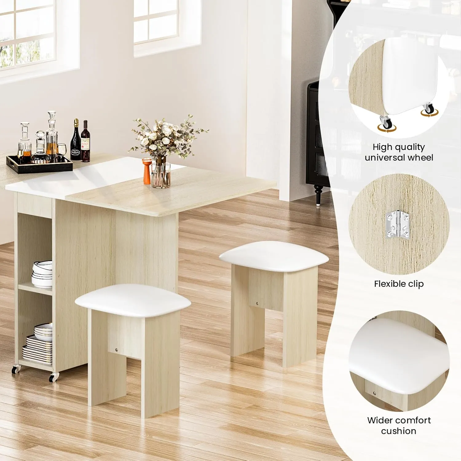 Folding Dining Table Set for 4, Dinner Table with 4 Leather Chairs and Shelves, Space Saving Foldable Dining Table with 6 Wheels, Kitchen Table for Small Spaces (Beige)