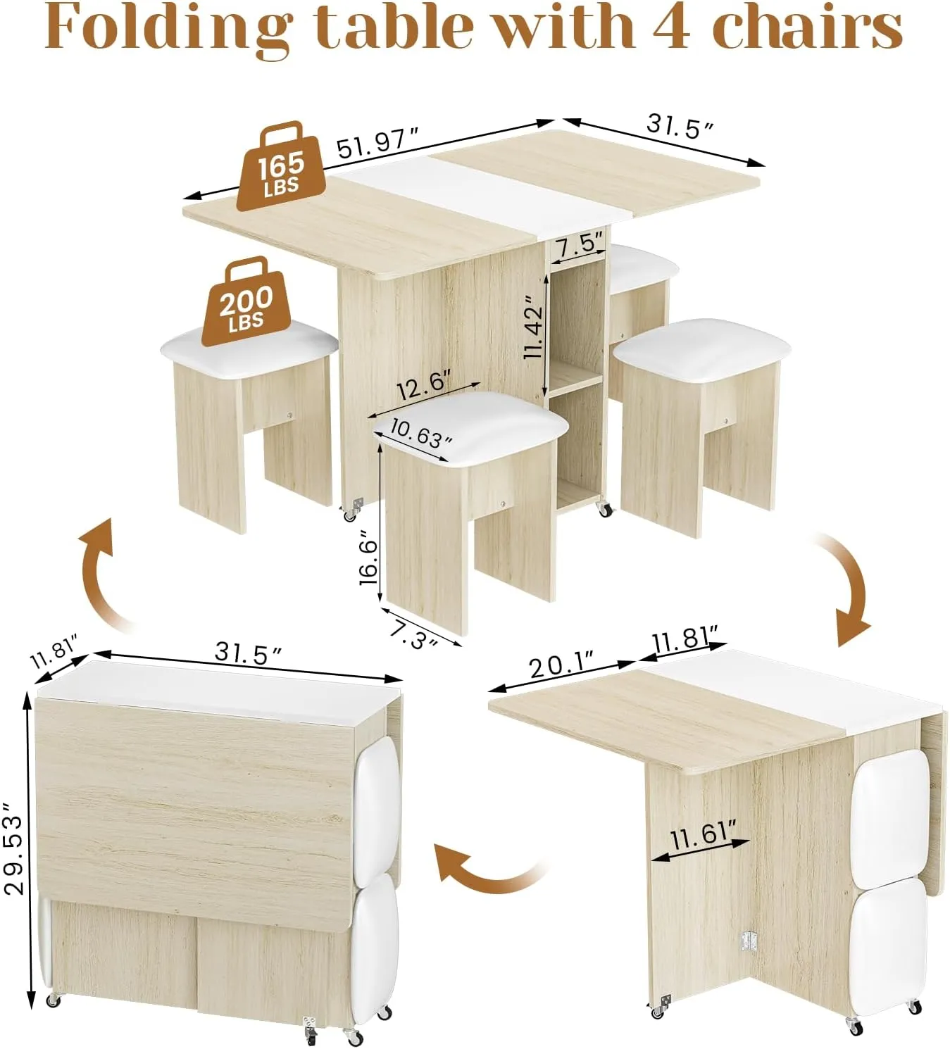 Folding Dining Table Set for 4, Dinner Table with 4 Leather Chairs and Shelves, Space Saving Foldable Dining Table with 6 Wheels, Kitchen Table for Small Spaces (Beige)