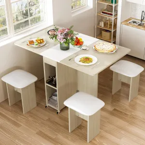 Folding Dining Table Set for 4, Dinner Table with 4 Leather Chairs and Shelves, Space Saving Foldable Dining Table with 6 Wheels, Kitchen Table for Small Spaces (Beige)