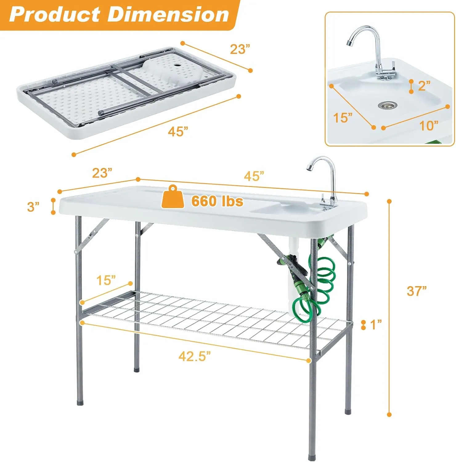 Folding Fish Cleaning Table Portable Camping Sink Table with Faucet Drainage Hose & Sprayer Outdoor Fish Fillet Cleaning Station with Grid Rack & Knife Groove for Picnic Fishing, Grey