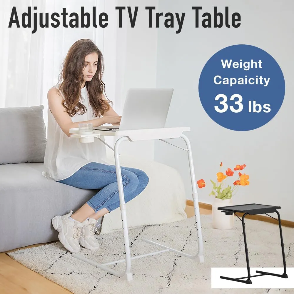 Folding TV Tray Table, Small Folding Bedside Dinner Table with Cup Holder, Adjustable 6 Height & 3 Tilt Angle (White - 1 pc)