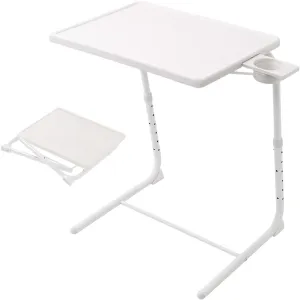 Folding TV Tray Table, Small Folding Bedside Dinner Table with Cup Holder, Adjustable 6 Height & 3 Tilt Angle (White - 1 pc)