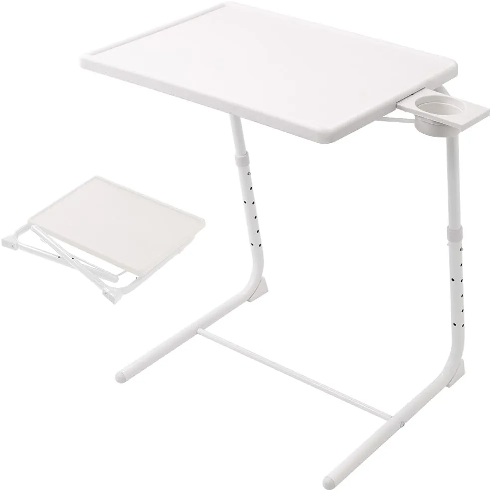 Folding TV Tray Table, Small Folding Bedside Dinner Table with Cup Holder, Adjustable 6 Height & 3 Tilt Angle (White - 1 pc)