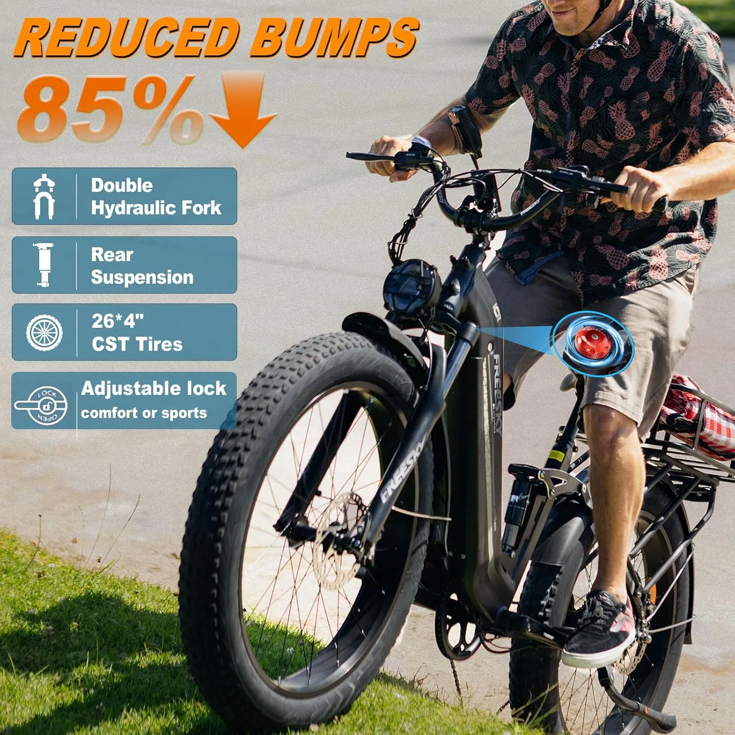 FREESKY Electric Bike for Adults, 35MPH & 105Miles Long Range Ebike, 1600W Power, 25A Samsung Cells Battery, Step-Thru 26'' Fat Tire Full Suspension E Bike for Commute Beach Snow Mountains